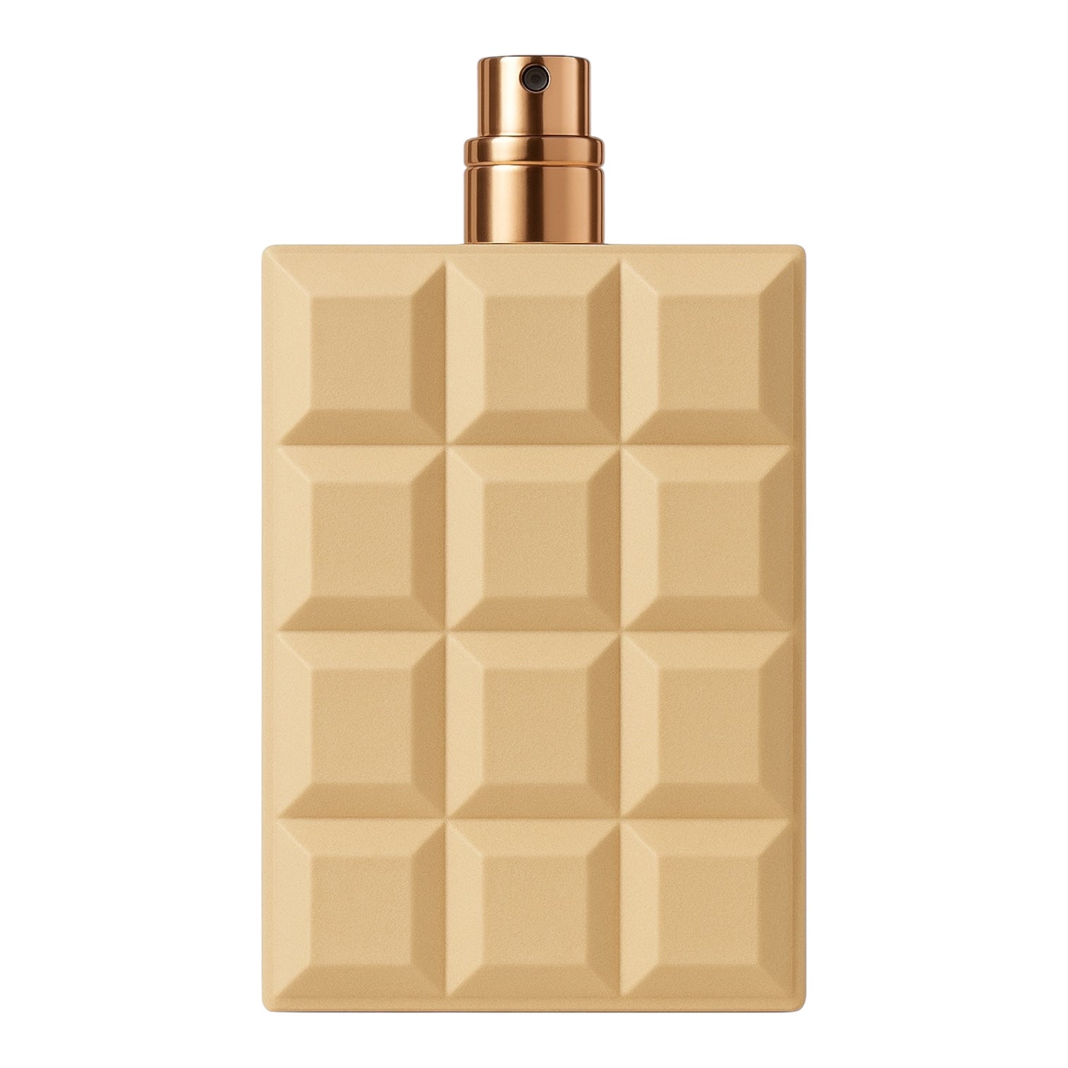 Beige perfume bottle with geometric design and bronze spray nozzle on a white background
