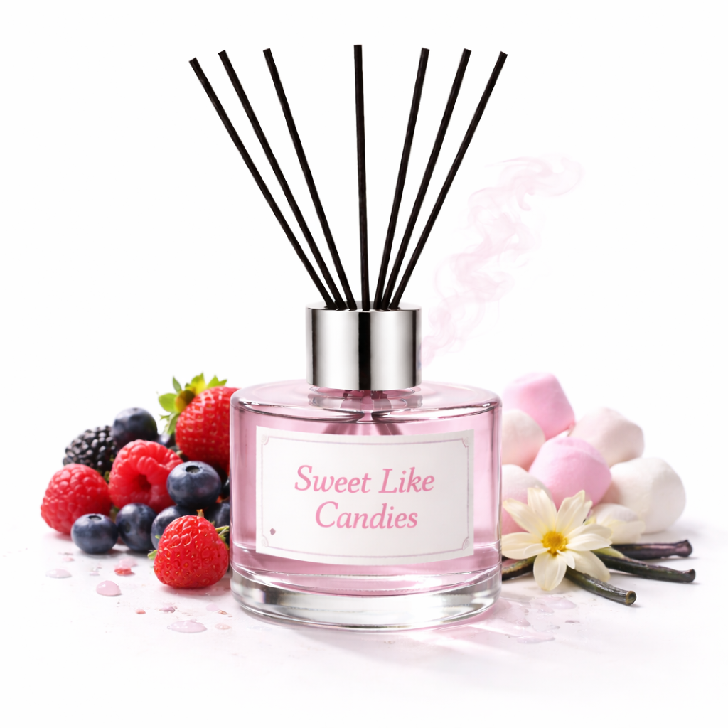 Reed diffuser labeled 'Sweet Like Candies' with berries and flowers on a white background