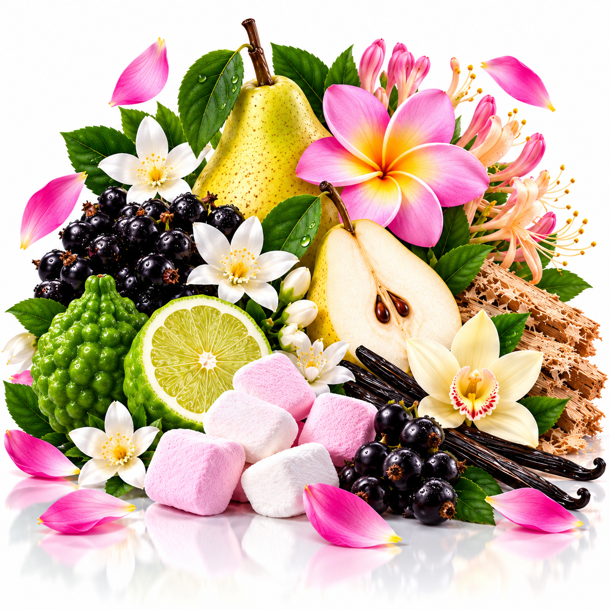 A colorful arrangement of fresh fruits, flowers, and sweets on a white reflective background, including a pear, lime half, blackcurrants, pink and white flowers, marshmallows, vanilla beans, and petals.
