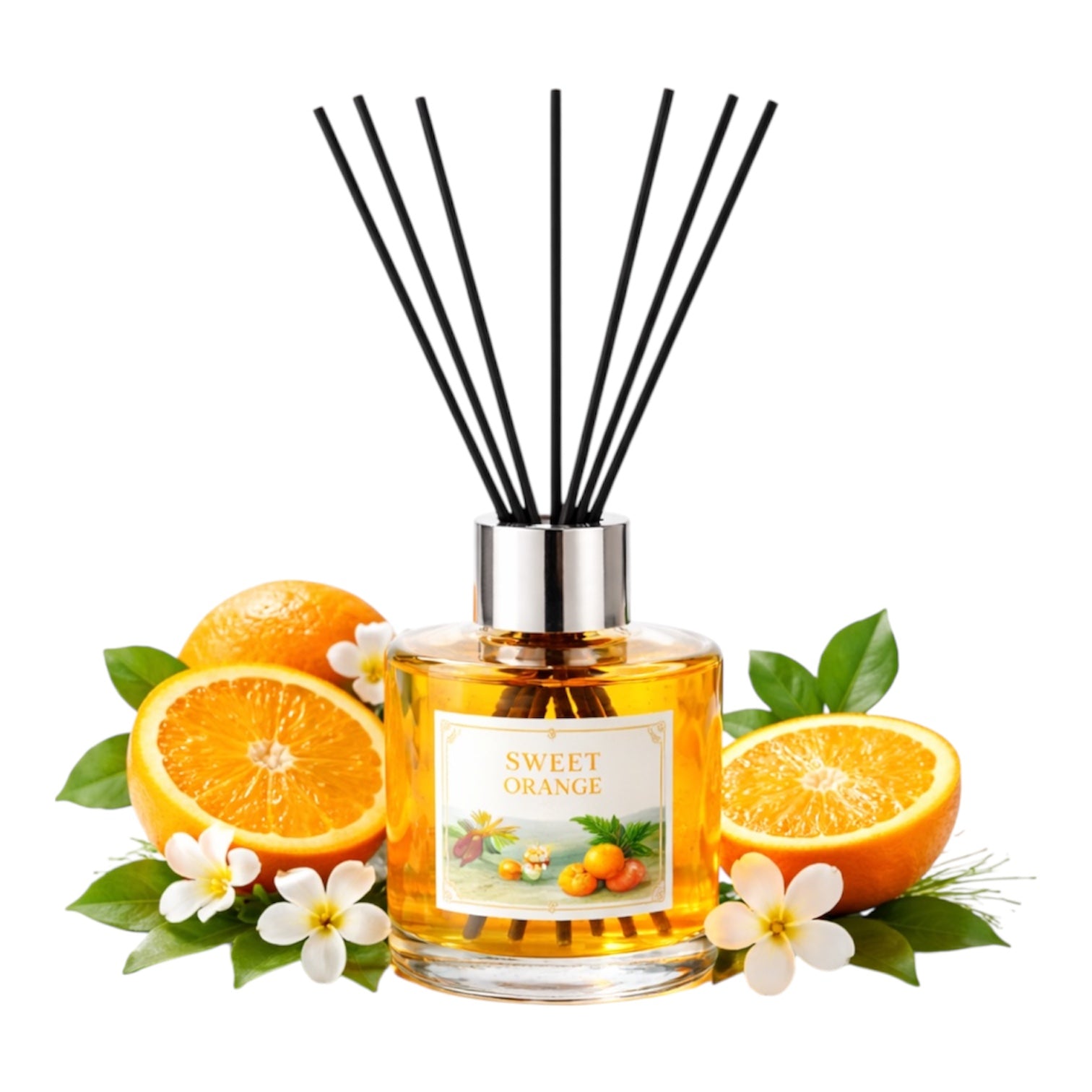 Reed diffuser with sweet orange fragrance surrounded by oranges and flowers on a white background