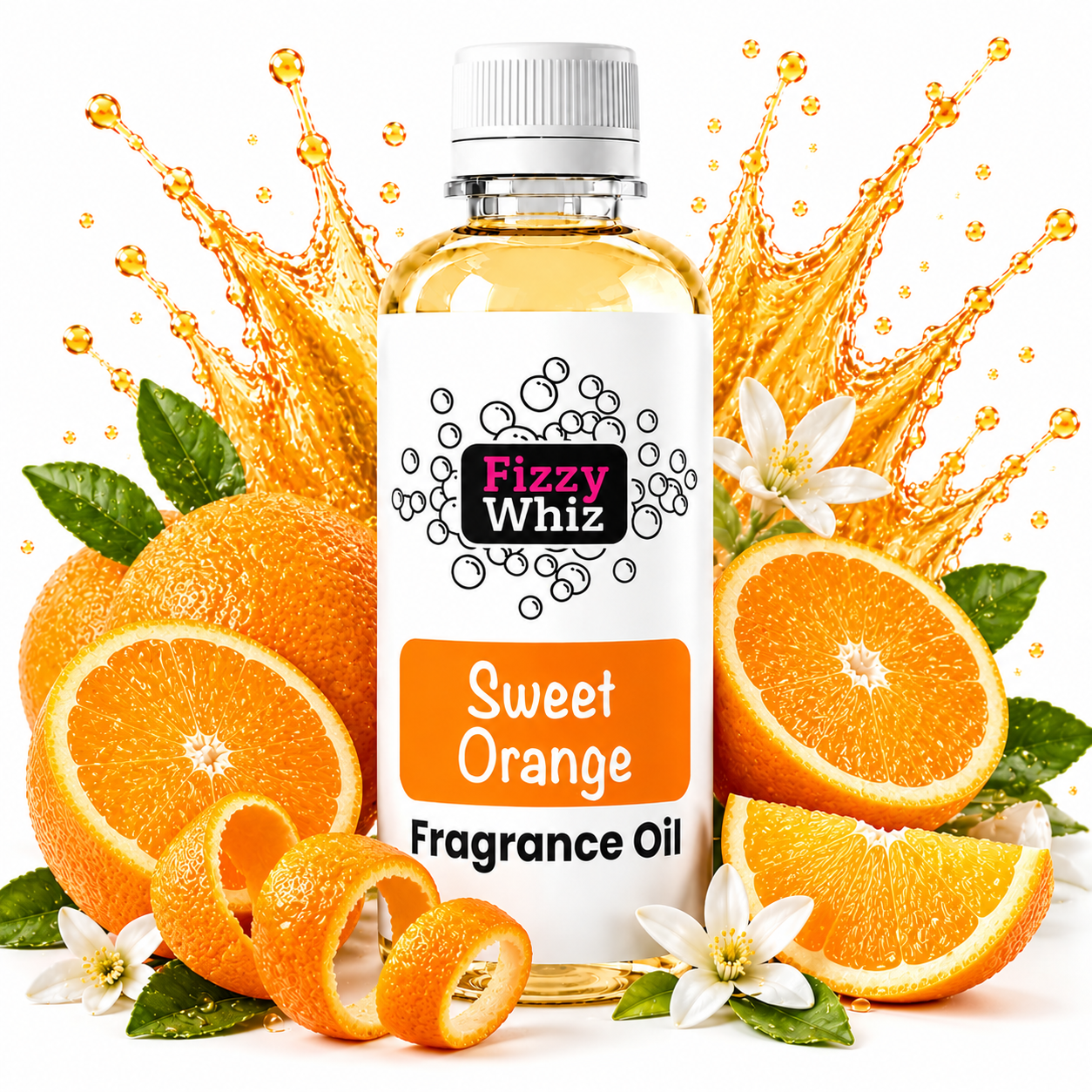 Sweet Orange Fragrance Oil surrounded by fresh whole and sliced oranges, curling orange peel, green citrus leaves, delicate white blossoms and vibrant orange fragrance splashes on a clean white background.