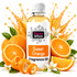 Sweet Orange Fragrance Oil surrounded by fresh whole and sliced oranges, curling orange peel, green citrus leaves, delicate white blossoms and vibrant orange fragrance splashes on a clean white background.