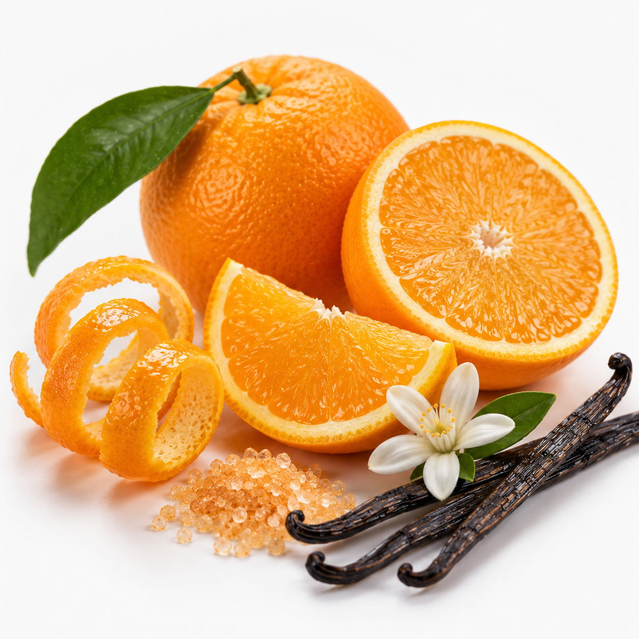 Fresh orange slices, orange peels, a whole orange with a green leaf, a small white citrus flower, and vanilla bean sticks arranged on a clean white background.