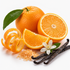 Fresh orange slices, orange peels, a whole orange with a green leaf, a small white citrus flower, and vanilla bean sticks arranged on a clean white background.