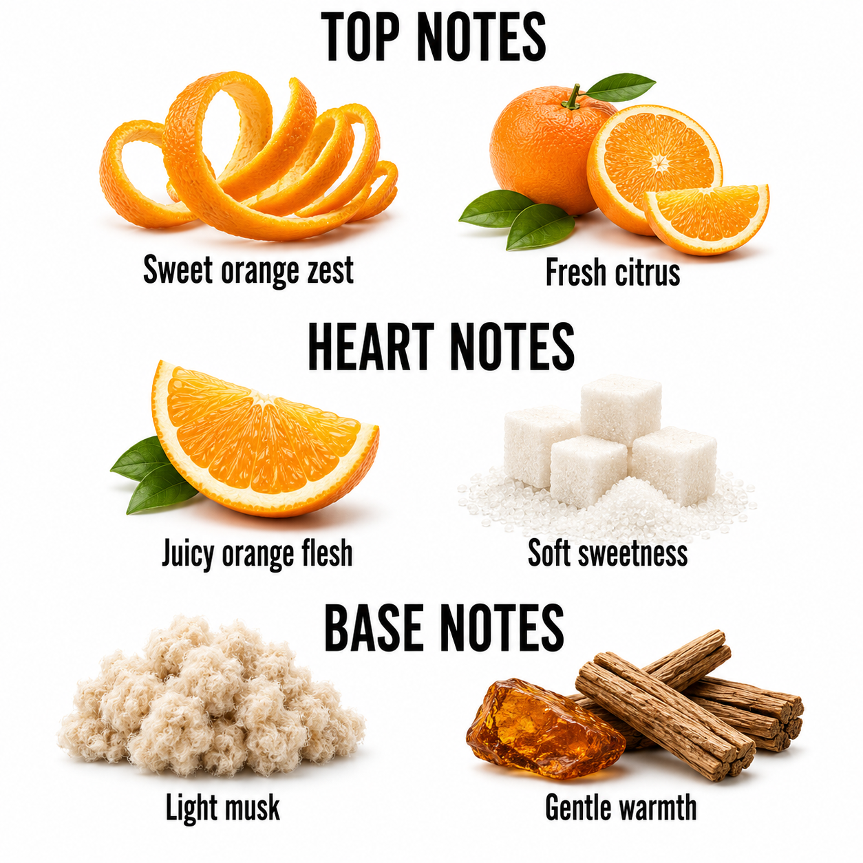 Sweet Orange Fragrance Oil notes featuring sweet orange zest, fresh citrus, juicy orange flesh, soft sweetness, light musk and gentle woody amber warmth on a clean white background.