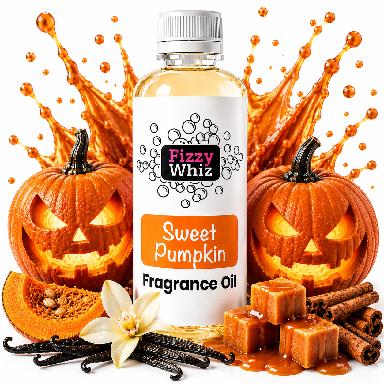 A bottle of Fizzy Whiz Sweet Pumpkin Fragrance Oil centered on a white background, surrounded by decorative Halloween-themed props including carved pumpkins, sliced pumpkin, vanilla beans, cinnamon sticks, and caramel cubes. Orange liquid splashes rise behind the bottle.