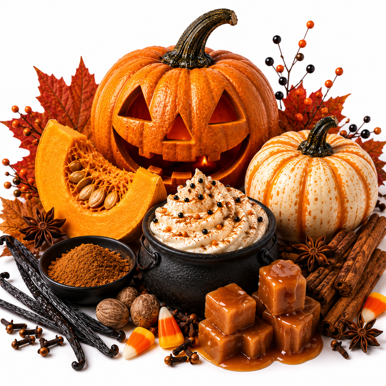 A styled autumn food arrangement on a white background featuring carved and whole pumpkins, a sliced pumpkin, vanilla beans, cinnamon sticks, star anise, cloves, nutmegs, candy corn, brown spice powder, caramel cubes, and a black pot filled with whipped cream topped with cocoa powder and black seeds.