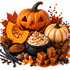 A styled autumn food arrangement on a white background featuring carved and whole pumpkins, a sliced pumpkin, vanilla beans, cinnamon sticks, star anise, cloves, nutmegs, candy corn, brown spice powder, caramel cubes, and a black pot filled with whipped cream topped with cocoa powder and black seeds.