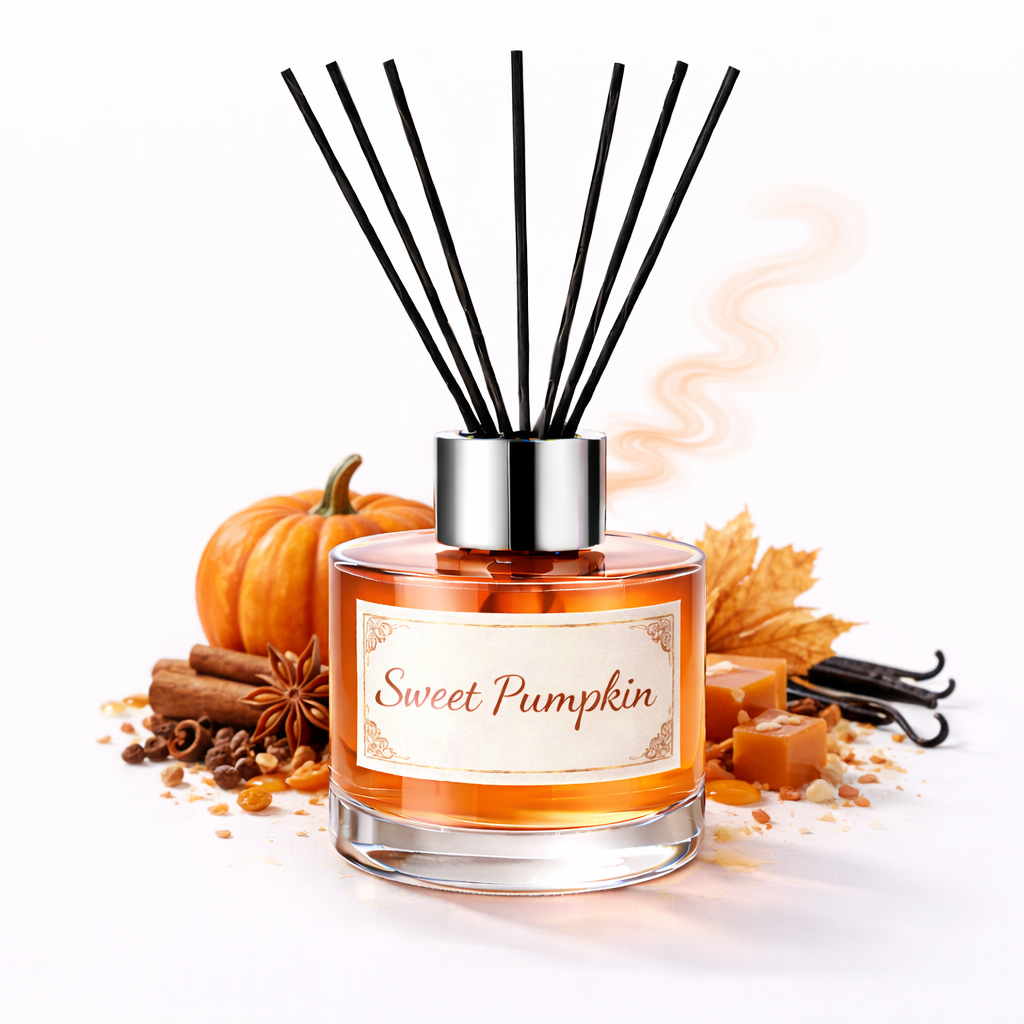 Diffuser labeled 'Sweet Pumpkin' with pumpkins, cinnamon sticks, and autumn leaves on a white background
