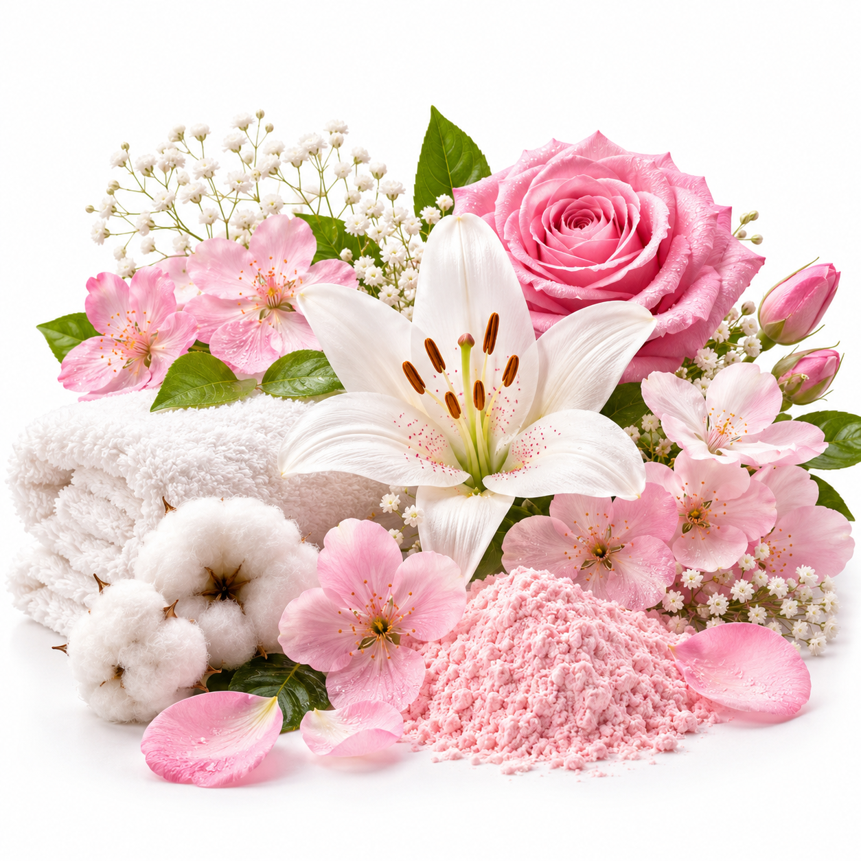 A styled botanical beauty arrangement on a white background featuring pink and white flowers, cotton bolls, white towels, and a mound of light pink powder.