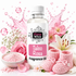 A bottle of Fizzy Whiz Talco Rosa Fragrance Oil surrounded by pink roses, baby booties, a bowl of pink fragrance oil crystals, and floral splashes on a white background.