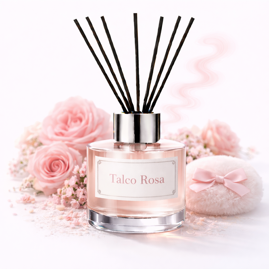 Diffuser with black reeds and 'Talco Rosa' label, surrounded by pink roses and decorative stones on a light background