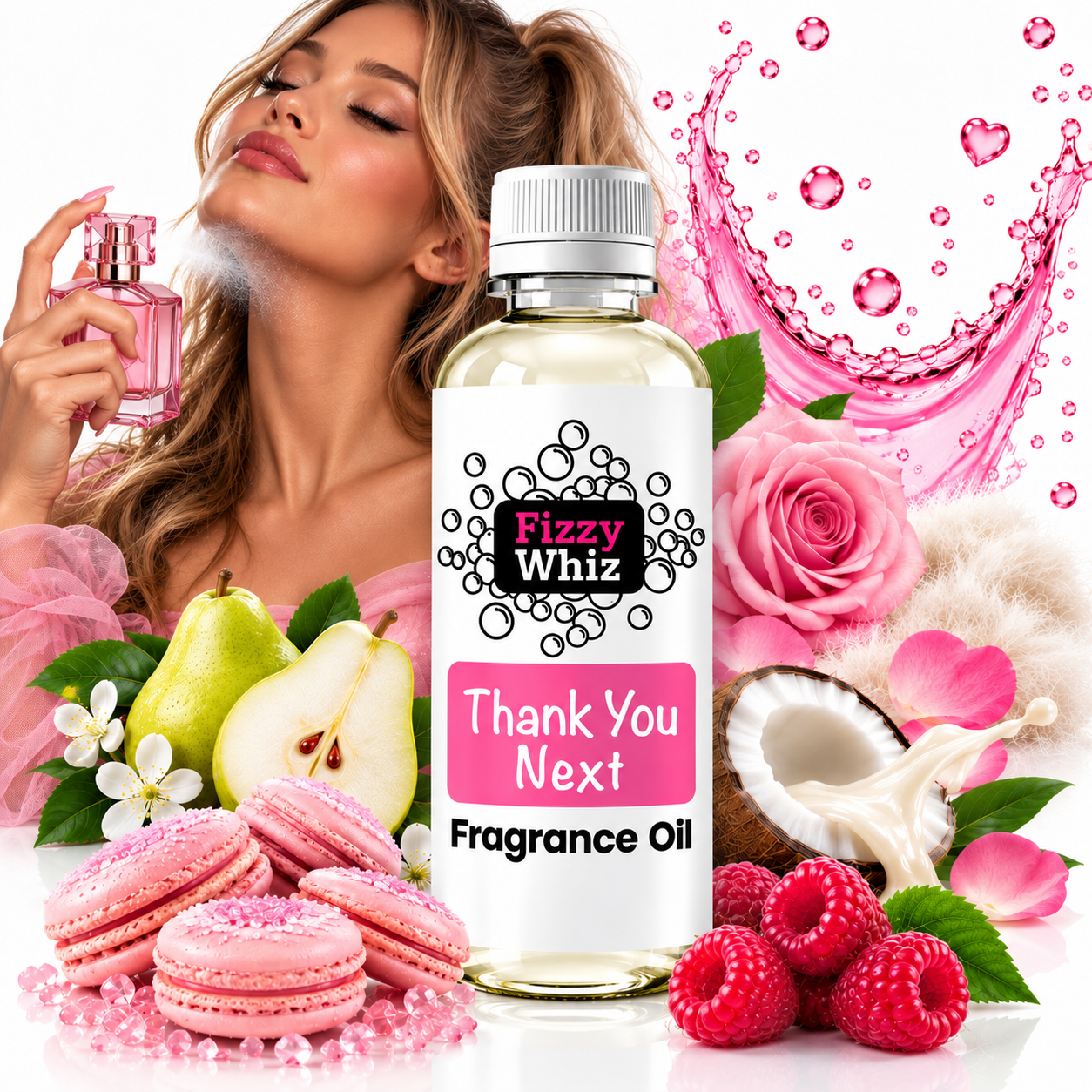 A bottle of Fizzy Whiz fragrance oil centered in the foreground, surrounded by pink roses, macarons, raspberries, pears, a coconut, and a woman holding a perfume bottle in the background. Pink graphic splashes and hearts decorate the scene.
