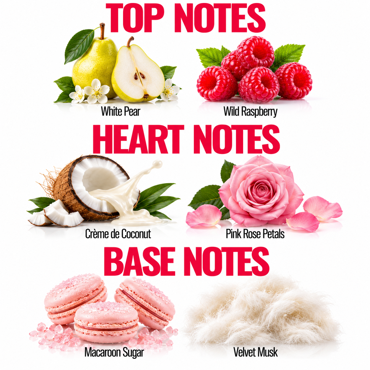 A fragrance notes graphic with the headings TOP NOTES, HEART NOTES, and BASE NOTES. Top notes shown are White Pear, Wild Raspberry, Crème de Coconut, and Pink Rose Petals.