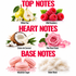 A fragrance notes graphic with the headings TOP NOTES, HEART NOTES, and BASE NOTES. Top notes shown are White Pear, Wild Raspberry, Crème de Coconut, and Pink Rose Petals.