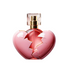 Pink heart-shaped perfume bottle with a cracked glass design and gold spray top, shown upright on a light background.