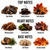 A product graphic displaying nine warm, autumnal scent notes arranged in a 3x3 grid with headers 'TOP NOTES', 'HEART NOTES', and 'BASE NOTES'. The notes include 'Dark Woods', 'Smoky Warmth', 'Eerie Autumn', 'Warming Spice', 'Earthy Notes', 'Autumn Air', 'Rich Woods', 'Soft Musk', and 'Autumn Depth', each illustrated with corresponding natural ingredients like logs, leaves, cinnamon, moss, and amber.