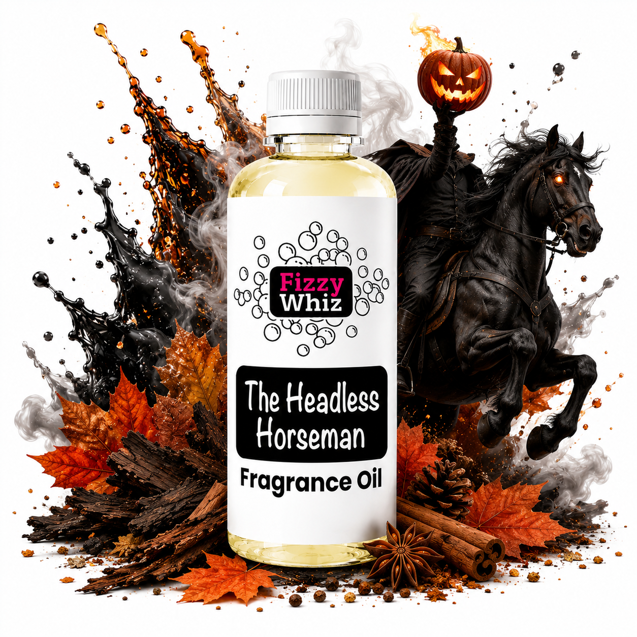A bottle of Fizzy Whiz 'The Headless Horseman' fragrance oil is centered against a white background, surrounded by a stylized Halloween graphic featuring a black horse with a pumpkin on its back, orange autumn leaves, cinnamon sticks, and smoke splashes.
