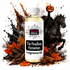 A bottle of Fizzy Whiz 'The Headless Horseman' fragrance oil is centered against a white background, surrounded by a stylized Halloween graphic featuring a black horse with a pumpkin on its back, orange autumn leaves, cinnamon sticks, and smoke splashes.