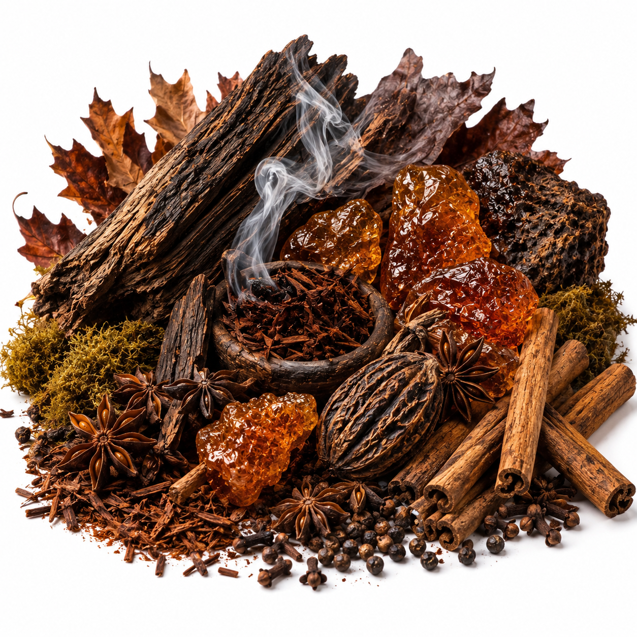 A styled botanical pile of warm spices and natural ingredients on a white background, including cinnamon sticks, star anise, cloves, dried leaves, bark, moss, and amber-colored crystals with visible steam rising.