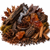 A styled botanical pile of warm spices and natural ingredients on a white background, including cinnamon sticks, star anise, cloves, dried leaves, bark, moss, and amber-colored crystals with visible steam rising.