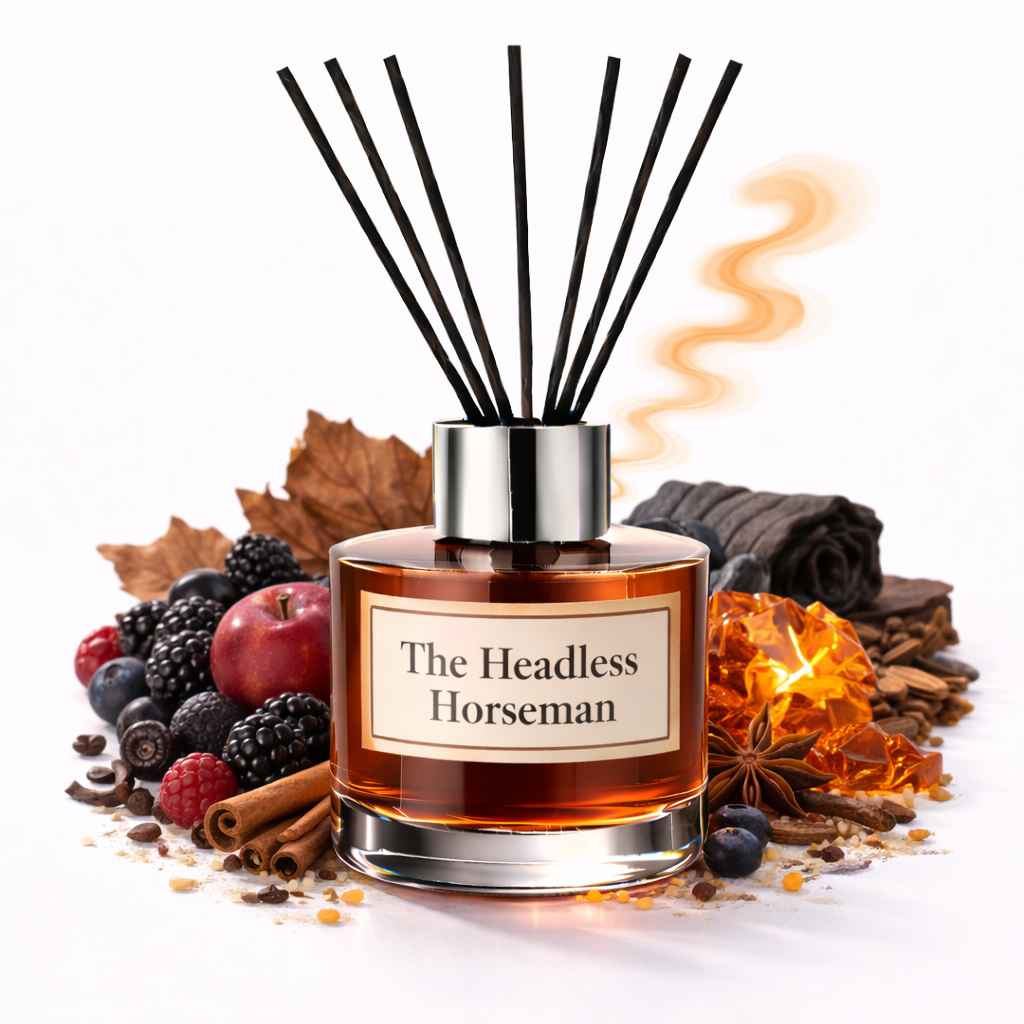 Reed diffuser labeled 'The Headless Horseman' surrounded by autumnal elements on a white background