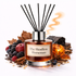 Reed diffuser labeled 'The Headless Horseman' surrounded by autumnal elements on a white background