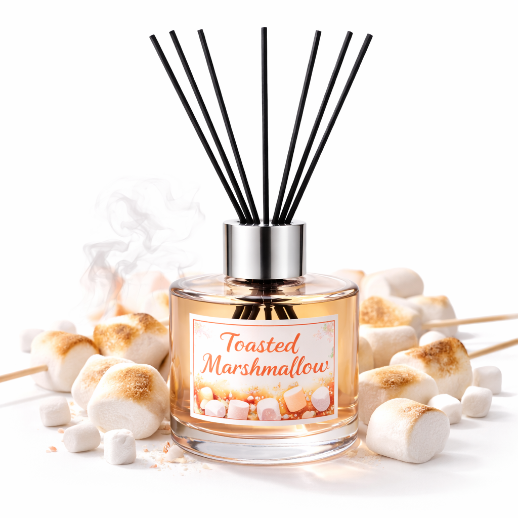 Reed diffuser labeled 'Toasted Marshmallow' with marshmallows and sticks on a white background