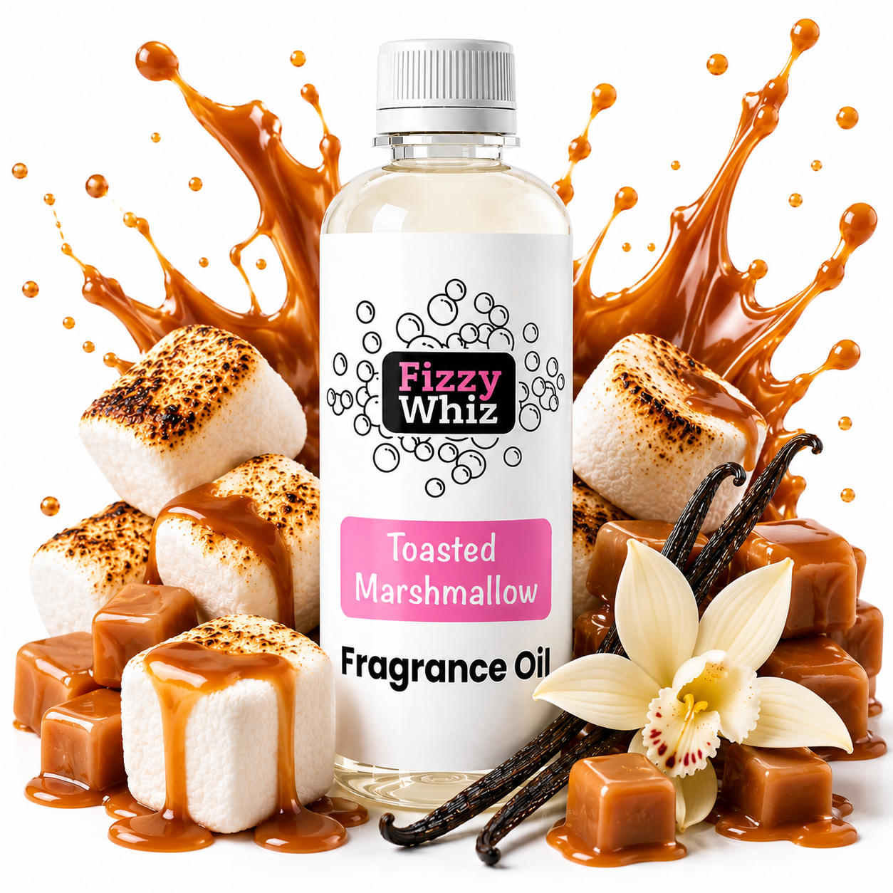 A bottle of Fizzy Whiz Toasted Marshmallow Fragrance Oil centered against a white background, surrounded by caramel sauce splashes, toasted marshmallows, caramel cubes, vanilla beans, and a white orchid flower. The bottle has a white cap and a white label with pink and black text.