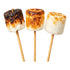 Three roasted marshmallows on sticks with varying degrees of charring.