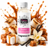 A bottle of Fizzy Whiz Toasted Marshmallow Fragrance Oil centered against a white background, surrounded by caramel sauce splashes, toasted marshmallows, caramel cubes, vanilla beans, and a white orchid flower. The bottle has a white cap and a white label with pink and black text.