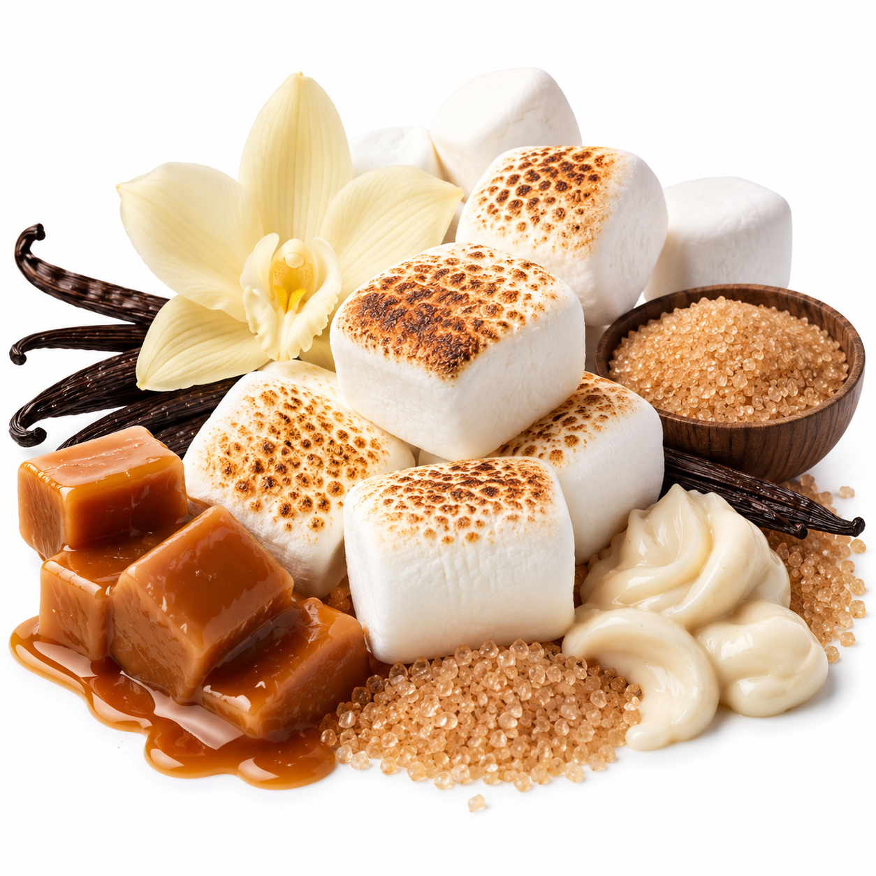 A styled food arrangement on a white background featuring toasted marshmallows, caramel cubes, brown sugar, cream, vanilla beans, and a vanilla orchid flower.