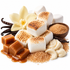 A styled food arrangement on a white background featuring toasted marshmallows, caramel cubes, brown sugar, cream, vanilla beans, and a vanilla orchid flower.