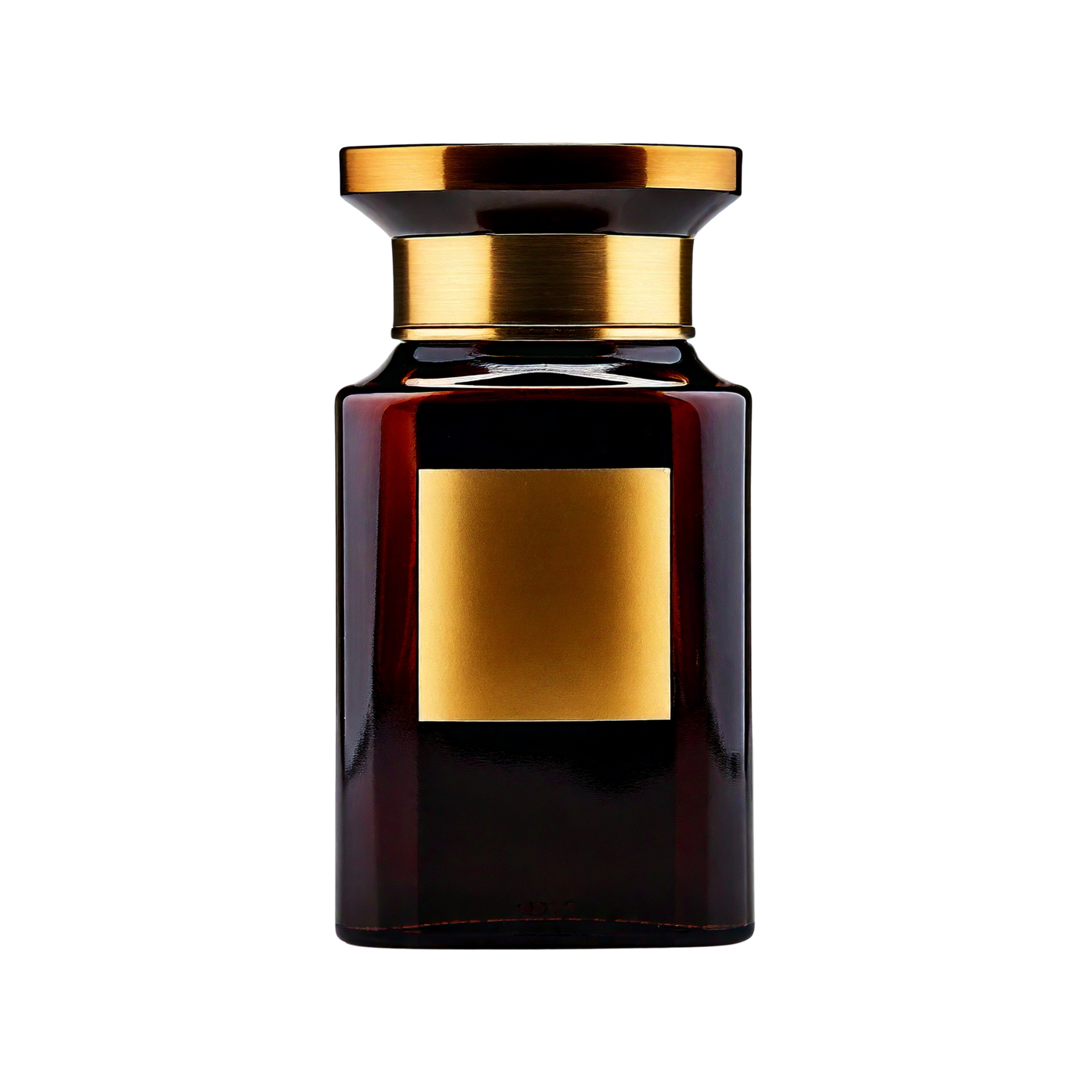 A dark glass perfume bottle with a gold-colored label and cap.
