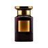A dark glass perfume bottle with a gold-colored label and cap.