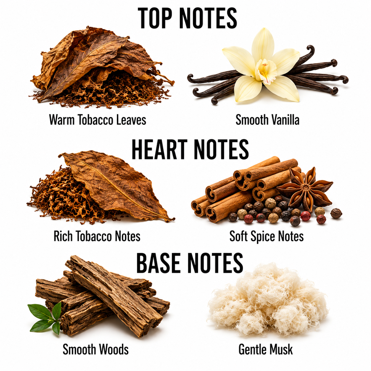 A fragrance notes graphic on a white background showing top, heart, and base notes with labeled ingredient imagery: warm tobacco leaves, vanilla flowers, rich tobacco notes, soft spice notes, smooth woods, and gentle musk.