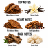 A fragrance notes graphic on a white background showing top, heart, and base notes with labeled ingredient imagery: warm tobacco leaves, vanilla flowers, rich tobacco notes, soft spice notes, smooth woods, and gentle musk.