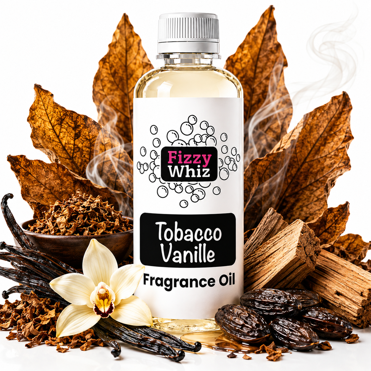 A bottle of Fizzy Whiz Tobacco Vanille fragrance oil centered on a white background, surrounded by dried tobacco leaves, vanilla beans, a vanilla flower, wood chips, and cocoa beans.