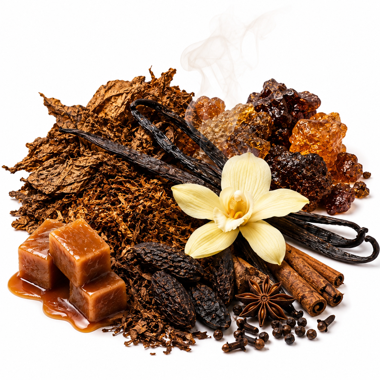 A styled botanical blend of warm spices and ingredients on a white background, including dark brown tobacco leaves, vanilla beans, amber sugar cubes, caramel pieces, cinnamon sticks, star anise, cloves, and a pale yellow vanilla orchid flower.