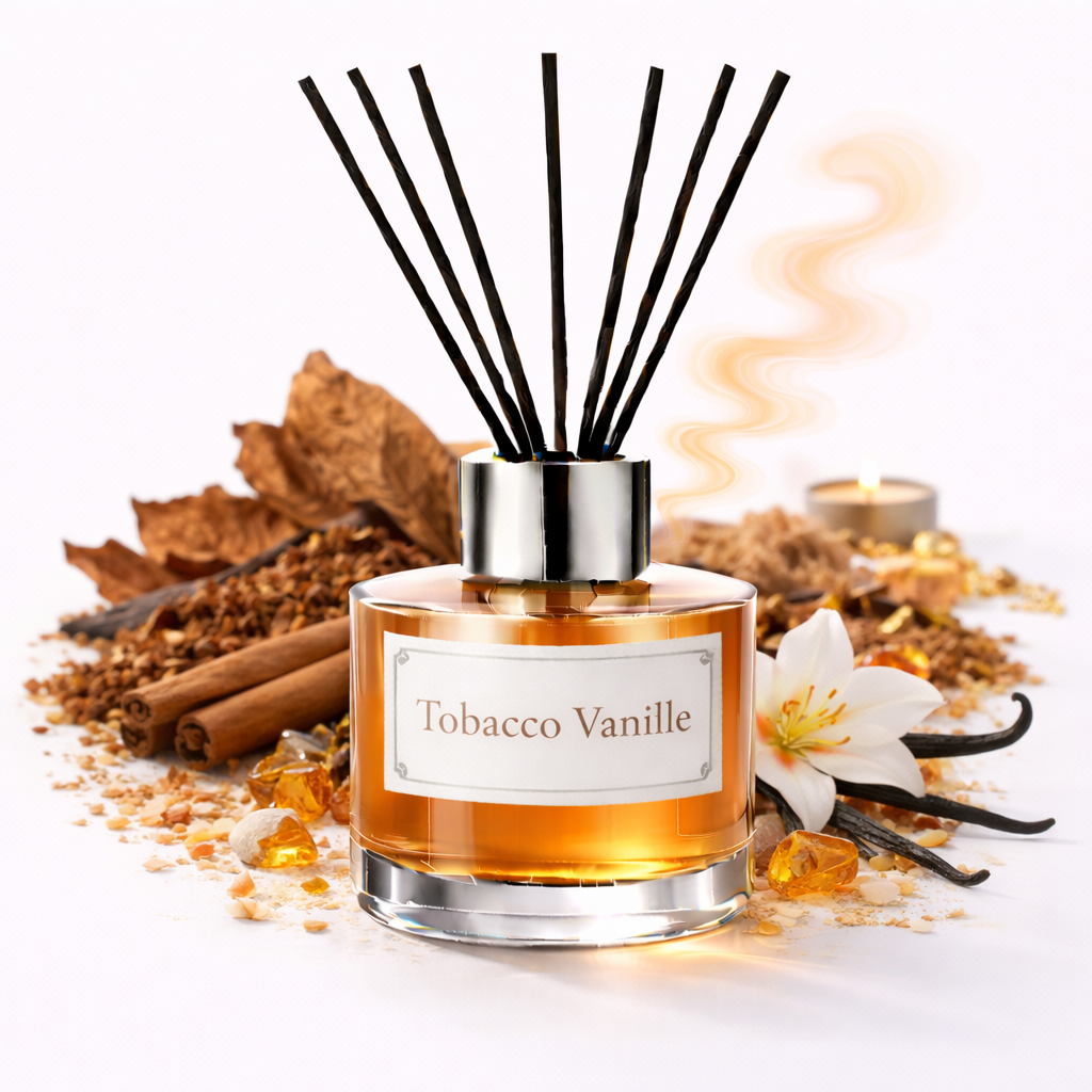 Reed diffuser labeled 'Tobacco Vanille' surrounded by vanilla beans, cinnamon sticks, and a vanilla flower on a white background.