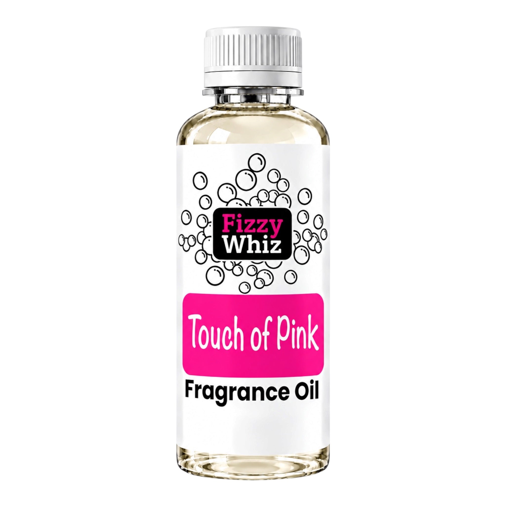 A bottle of Fizzy Whiz 'Touch of Pink' fragrance oil on a solid white background. The bottle is clear glass showing the pale yellow liquid inside, topped with a white ribbed cap.