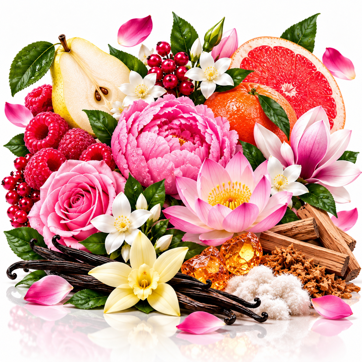 A vibrant botanical and fruit arrangement on a white background, featuring pink and white flowers, red raspberries, a yellow pear, a sliced pink grapefruit, vanilla beans, amber crystals, and brown wood pieces.