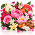 A vibrant botanical and fruit arrangement on a white background, featuring pink and white flowers, red raspberries, a yellow pear, a sliced pink grapefruit, vanilla beans, amber crystals, and brown wood pieces.