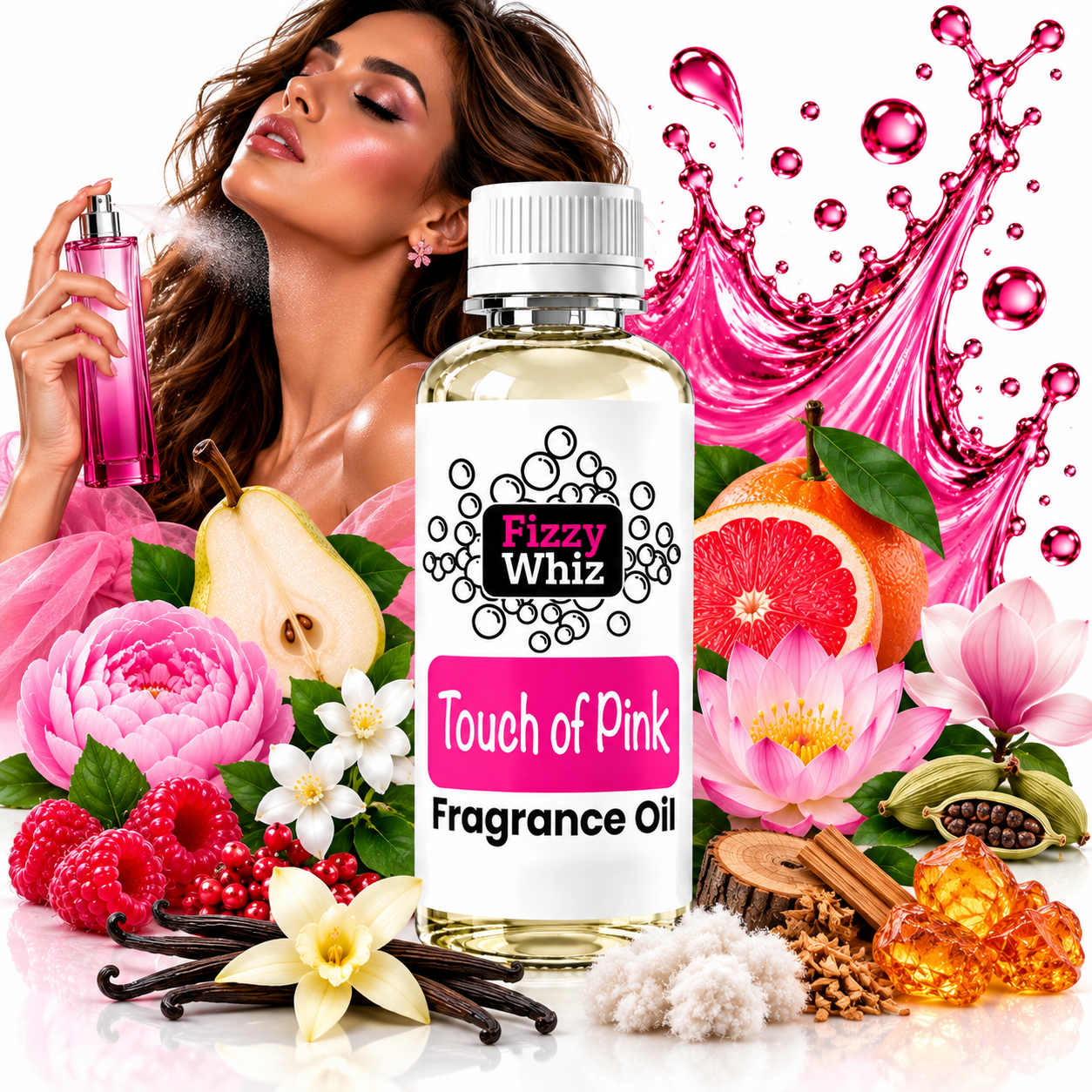 A bottle of Fizzy Whiz 'Touch of Pink' fragrance oil is centered, surrounded by pink and fruit-themed decorative elements including a woman spraying perfume, pink flowers, raspberries, vanilla beans, and citrus slices on a white background.