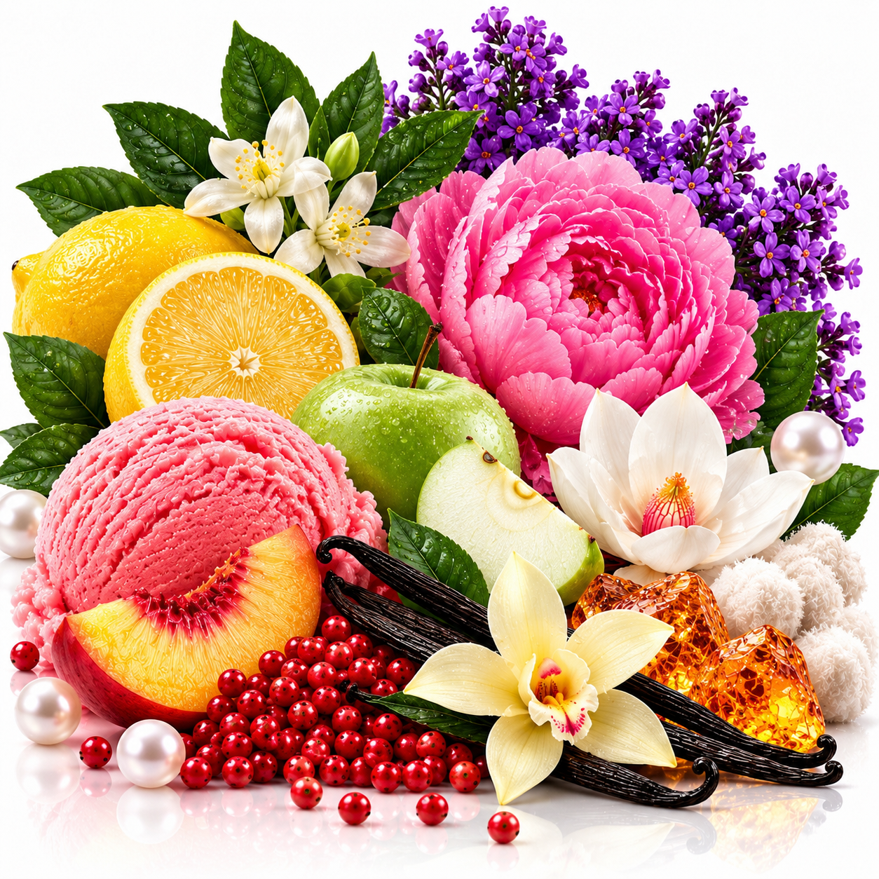 A vibrant, stylized botanical and food arrangement on a white background, featuring a large pink peony, lemons, an apple, a scoop of pink ice cream, vanilla beans, red berries, white pearls, and purple flowers.