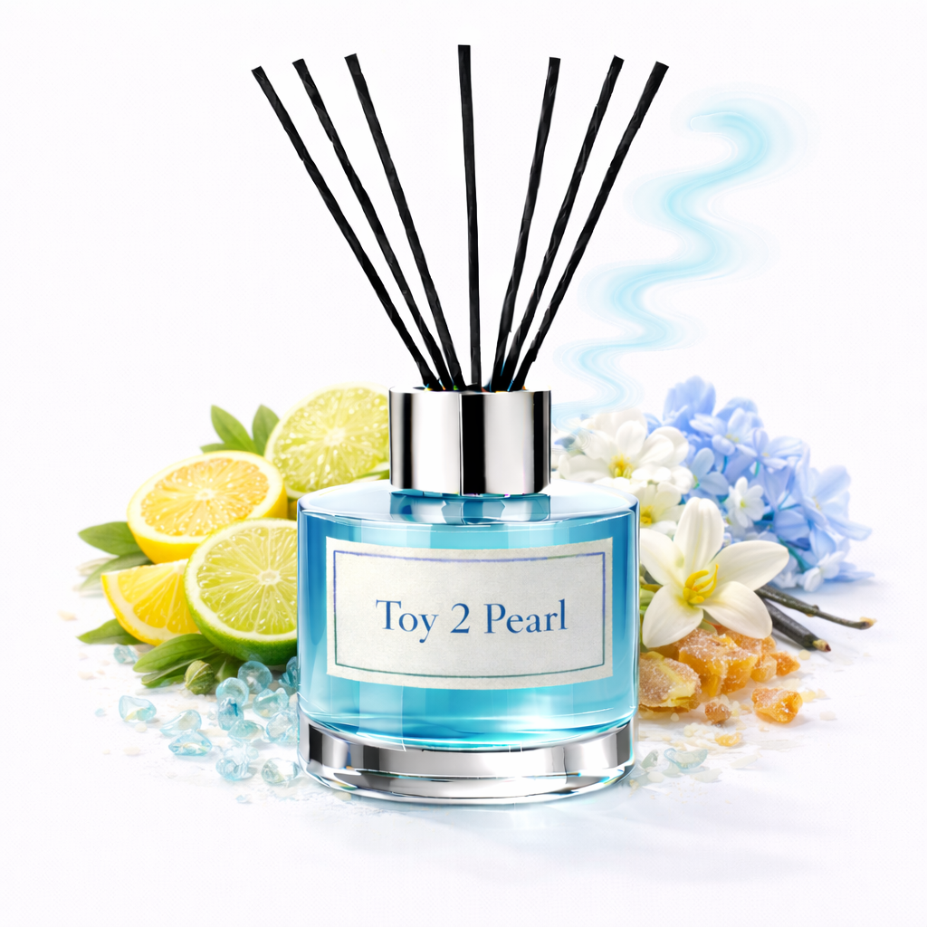 Reed diffuser inspired by toy 2 pearl with black sticks, surrounded by lemons, limes, and flowers on a white background