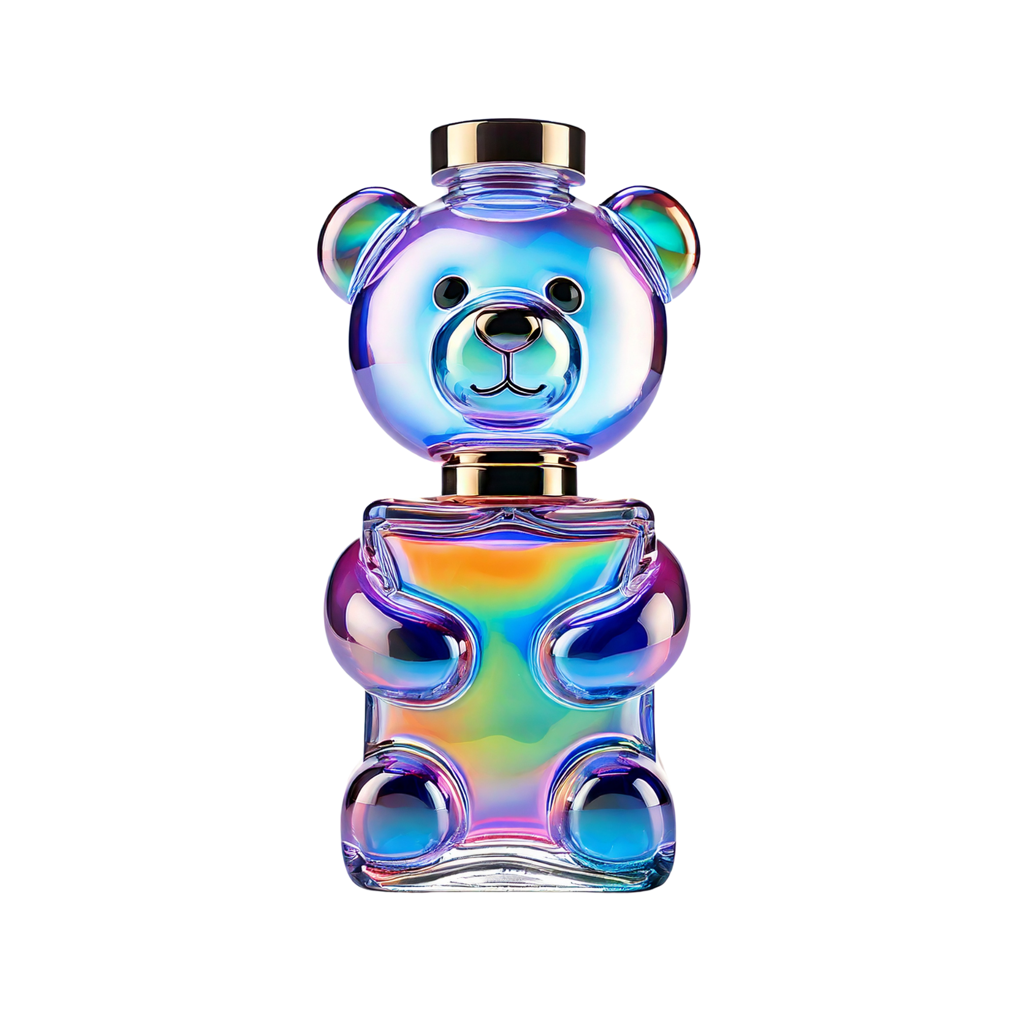 A multicolored perfume bottle in the shape of a bear with a pearl-like finish.
