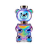 A multicolored perfume bottle in the shape of a bear with a pearl-like finish.