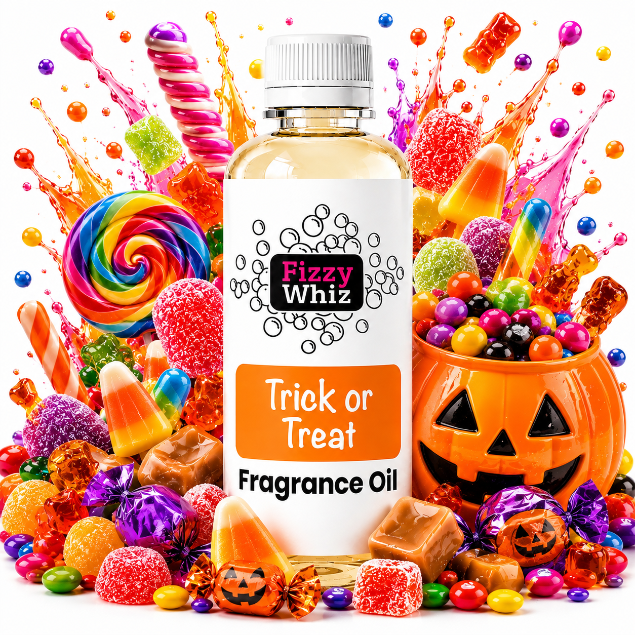 A bottle of Fizzy Whiz Trick or Treat Fragrance Oil surrounded by an explosion of Halloween-themed candy, lollipops, candy corn, gummy bears, a jack-o'-lantern bucket, and purple wrapped chocolates on a white background.