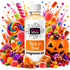 A bottle of Fizzy Whiz Trick or Treat Fragrance Oil surrounded by an explosion of Halloween-themed candy, lollipops, candy corn, gummy bears, a jack-o'-lantern bucket, and purple wrapped chocolates on a white background.